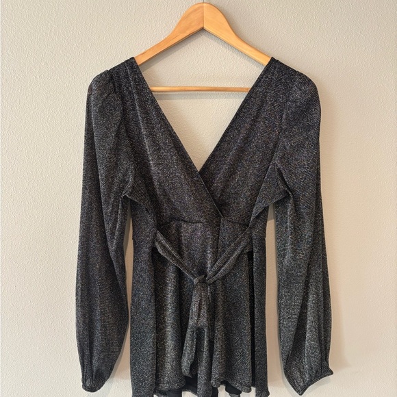 TORRID Black Wrap Tie Back Blouse Shimmery Fabric Plus Size 00 - Picture 2 of 9